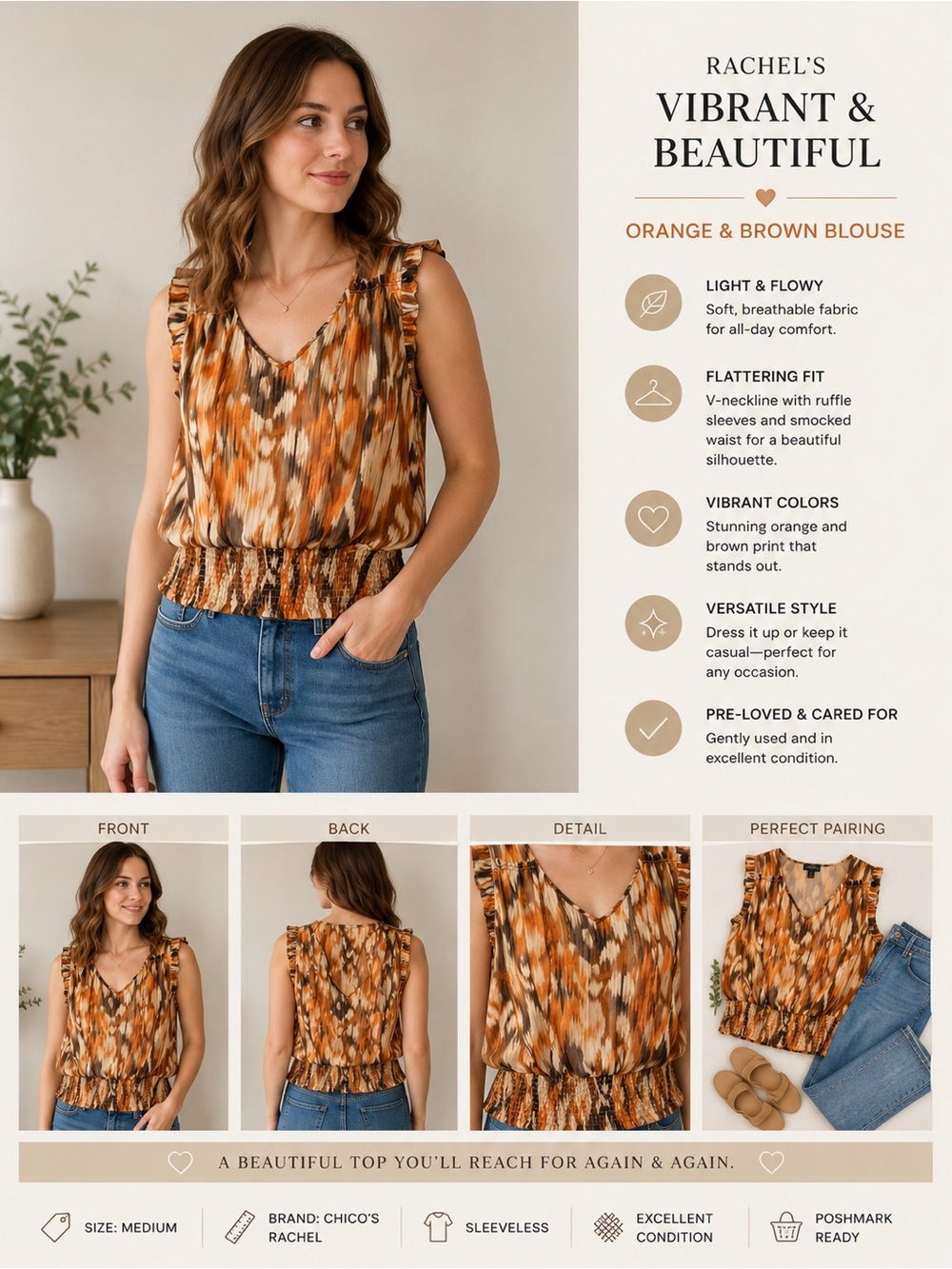 Rachel’s Vibrant Orange and Brown Blouse sleeveless Medium